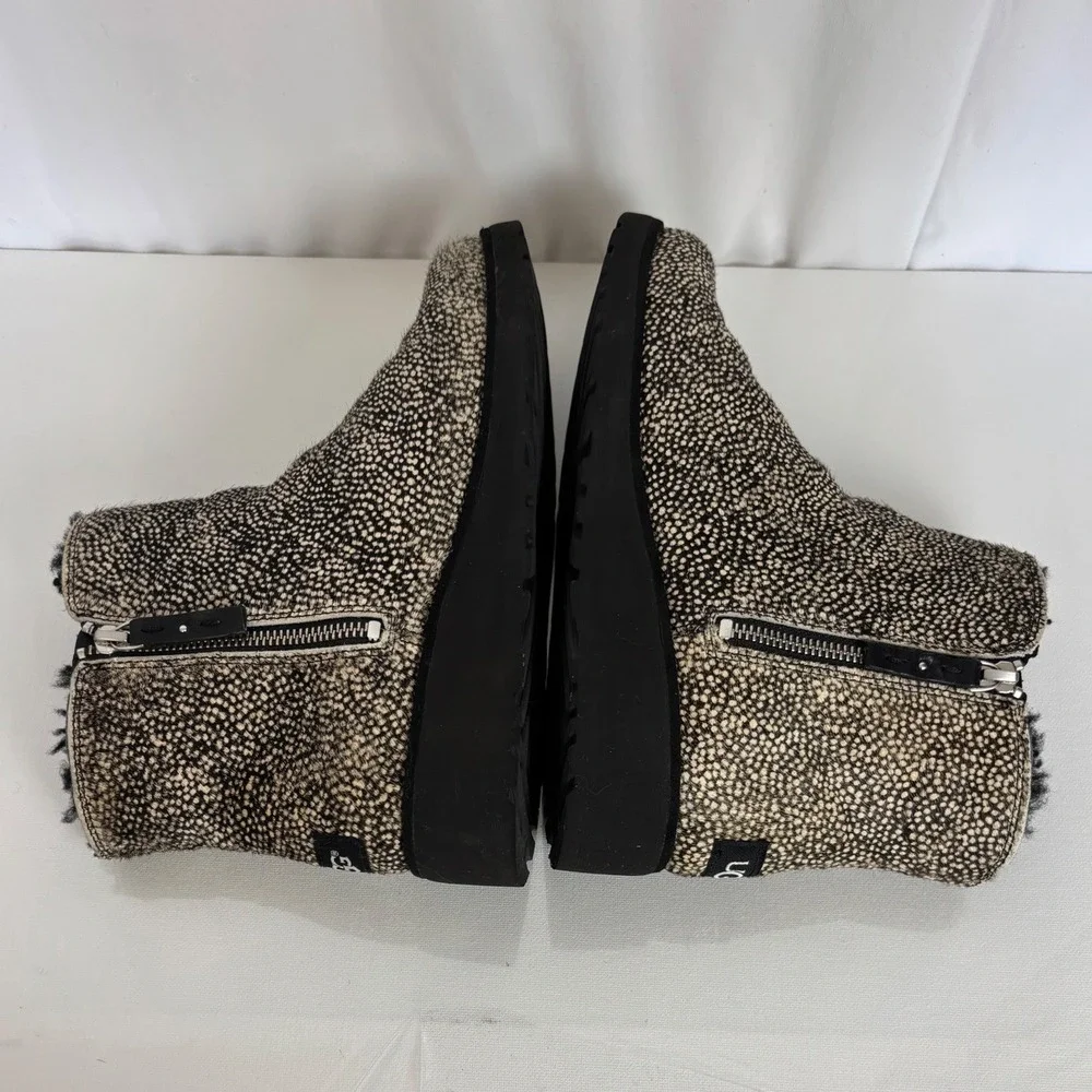 UGG Womens Shala‎ Boots Size 9 Exotic Cream Black Calf Hair Zip Bootie Platform